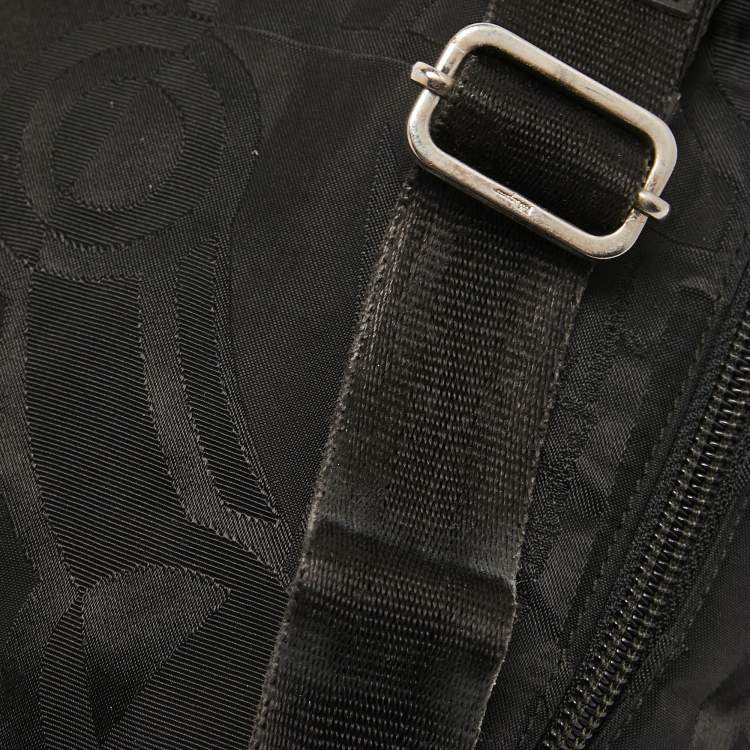 Pre Owned Salvatore Ferragamo Black Printed Nylon and Glossy Leather Buckle Flap Backpack