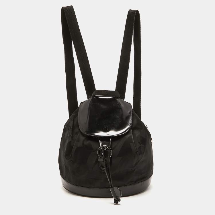 Pre Owned Salvatore Ferragamo Black Printed Nylon and Glossy Leather Buckle Flap Backpack