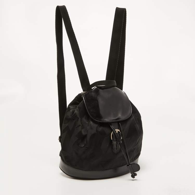 Pre Owned Salvatore Ferragamo Black Printed Nylon and Glossy Leather Buckle Flap Backpack
