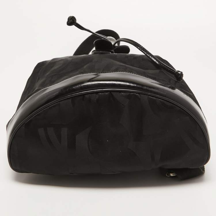 Pre Owned Salvatore Ferragamo Black Printed Nylon and Glossy Leather Buckle Flap Backpack
