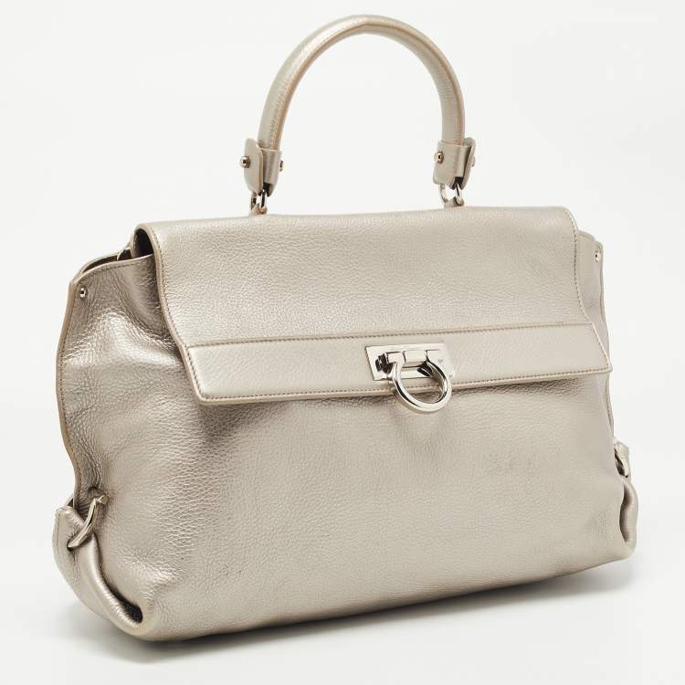 Pre Owned Salvatore Ferragamo Metallic Silver Leather Large Sofia Top Handle Bag
