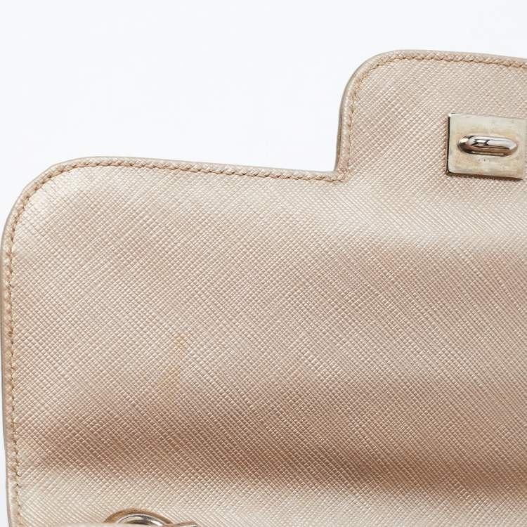 Pre Owned Salvatore Ferragamo Metallic Beige Leather Gancini Flap Bag
