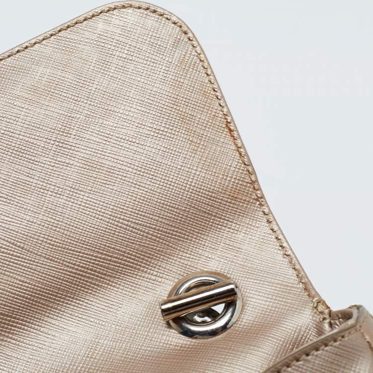 Pre Owned Salvatore Ferragamo Metallic Beige Leather Gancini Flap Bag