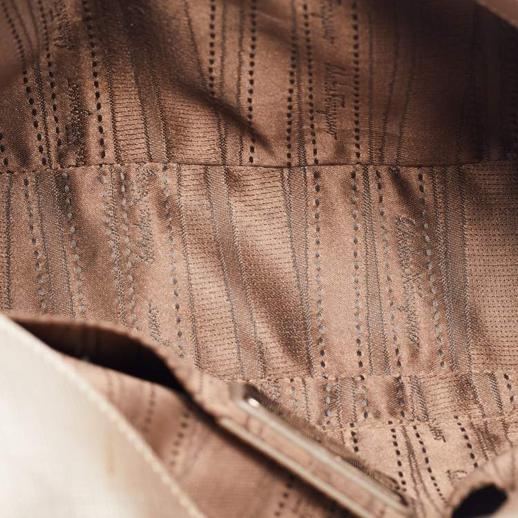 Pre Owned Salvatore Ferragamo Metallic Beige Leather Gancini Flap Bag
