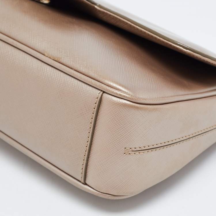 Pre Owned Salvatore Ferragamo Metallic Beige Leather Gancini Flap Bag