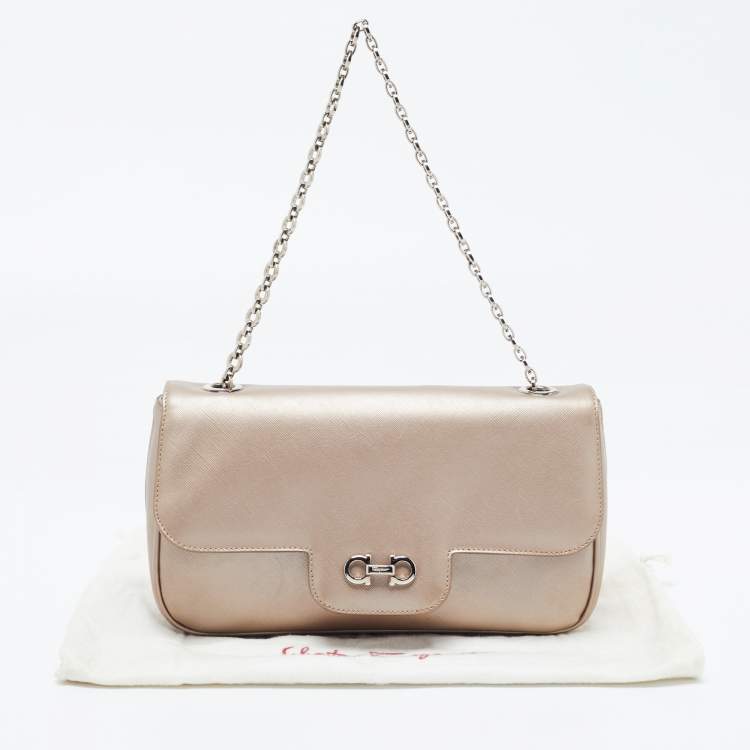 Pre Owned Salvatore Ferragamo Metallic Beige Leather Gancini Flap Bag