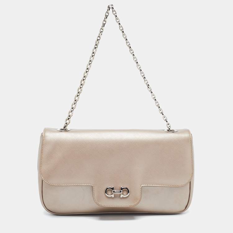 Pre Owned Salvatore Ferragamo Metallic Beige Leather Gancini Flap Bag