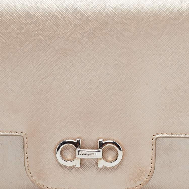 Pre Owned Salvatore Ferragamo Metallic Beige Leather Gancini Flap Bag