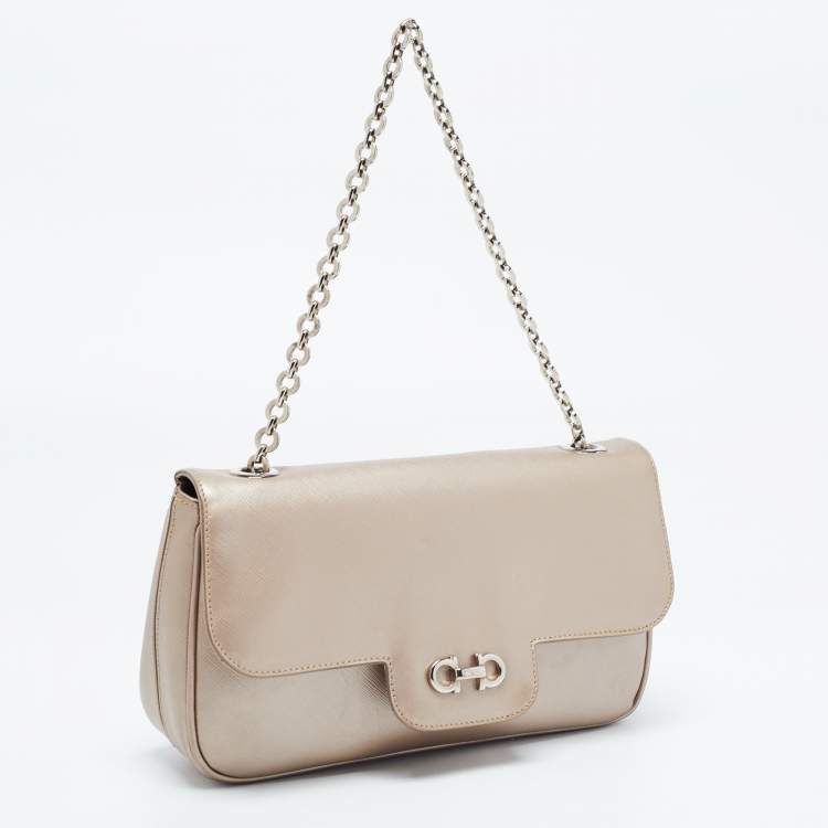 Pre Owned Salvatore Ferragamo Metallic Beige Leather Gancini Flap Bag