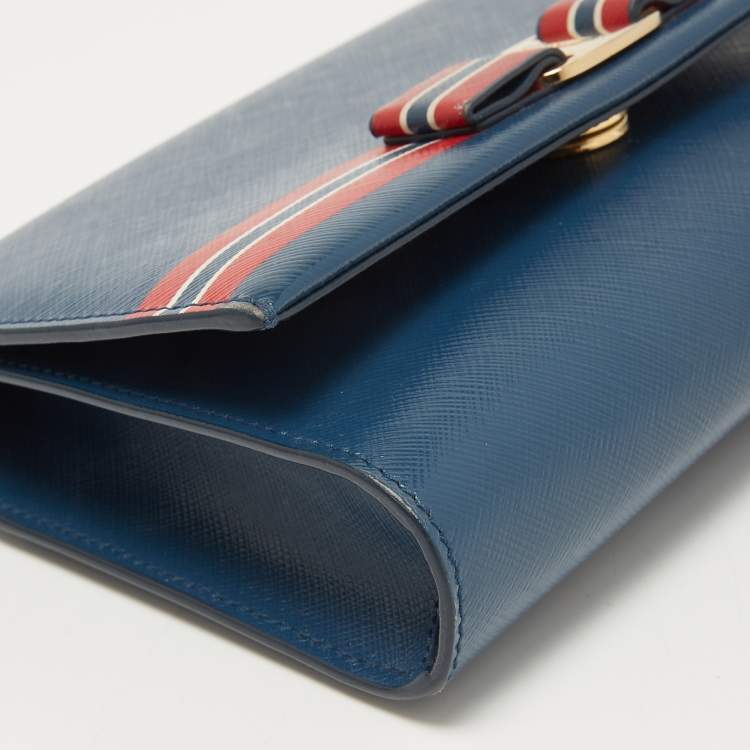 Pre Owned Salvatore Ferragamo Blue Leather Striped Vara Bow Chain Bag