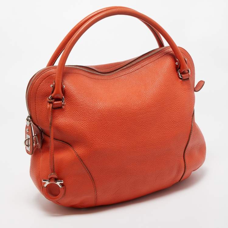Pre Owned Salvatore Ferragamo Orange Leather Logo Satchel