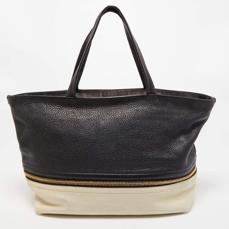 Pre Owned Salvatore Ferragamo Black/White Grain Leather Tara Expandable Tote