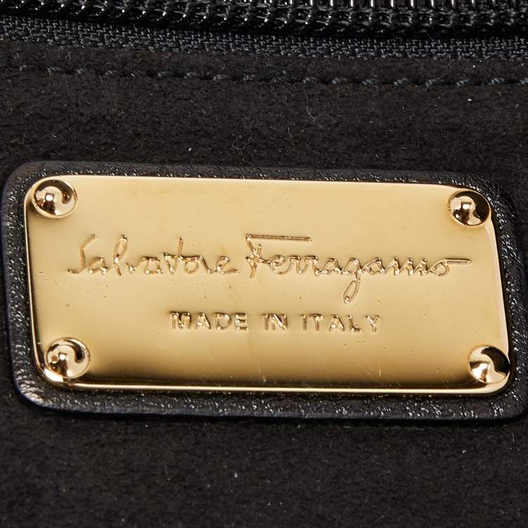Pre Owned Salvatore Ferragamo Black/White Grain Leather Tara Expandable Tote