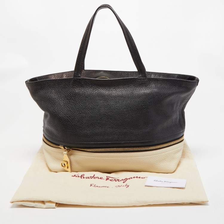Pre Owned Salvatore Ferragamo Black/White Grain Leather Tara Expandable Tote