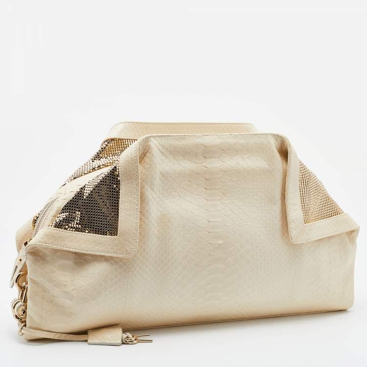 Pre Owned Salvatore Ferragamo Ivory Watersnake Leather Oversize Clutch