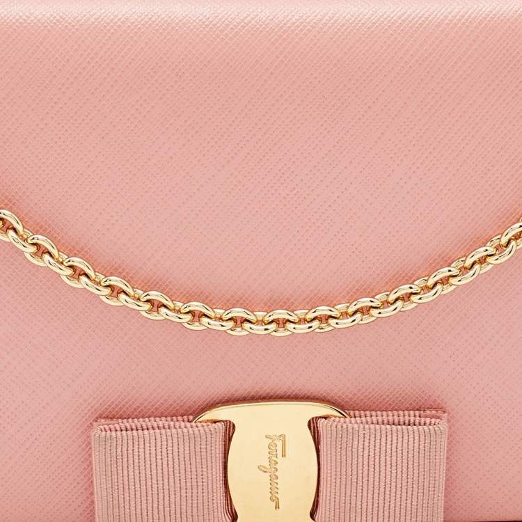 Pre Owned Salvatore Ferragamo Peach Leather Miss Vara Wallet on chain 
