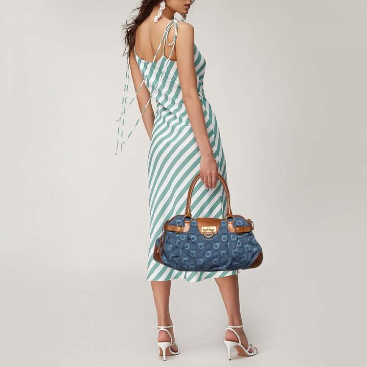 Pre Owned Salvatore Ferragamo Blue/Tan Signature Canvas and Leather Marisa Satchel