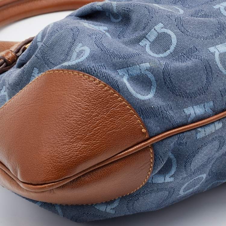 Pre Owned Salvatore Ferragamo Blue/Tan Signature Canvas and Leather Marisa Satchel