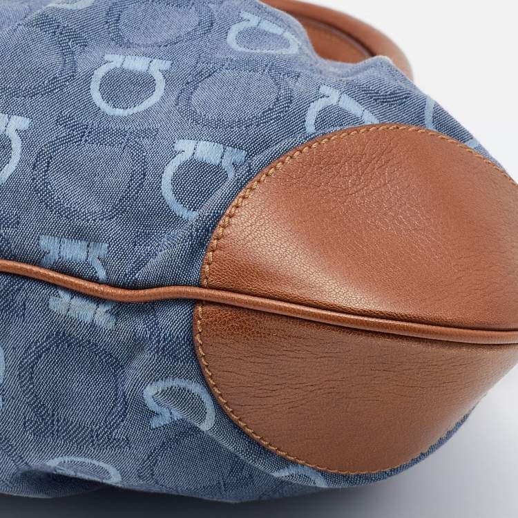 Pre Owned Salvatore Ferragamo Blue/Tan Signature Canvas and Leather Marisa Satchel