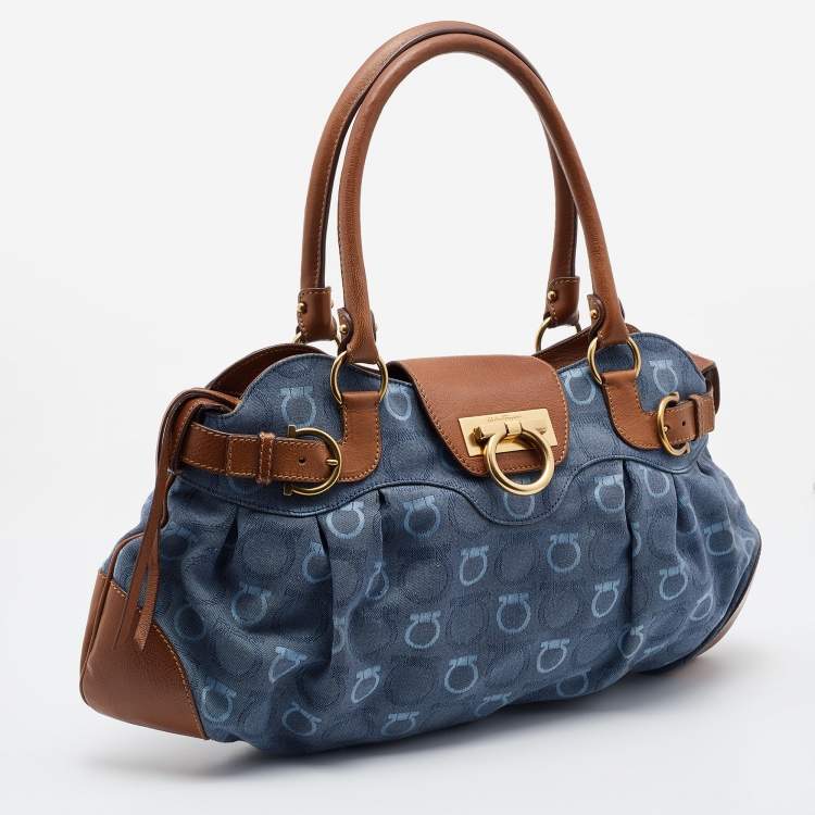 Pre Owned Salvatore Ferragamo Blue/Tan Signature Canvas and Leather Marisa Satchel