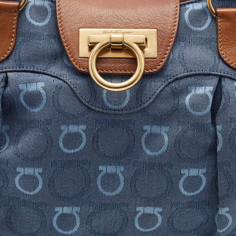 Pre Owned Salvatore Ferragamo Blue/Tan Signature Canvas and Leather Marisa Satchel