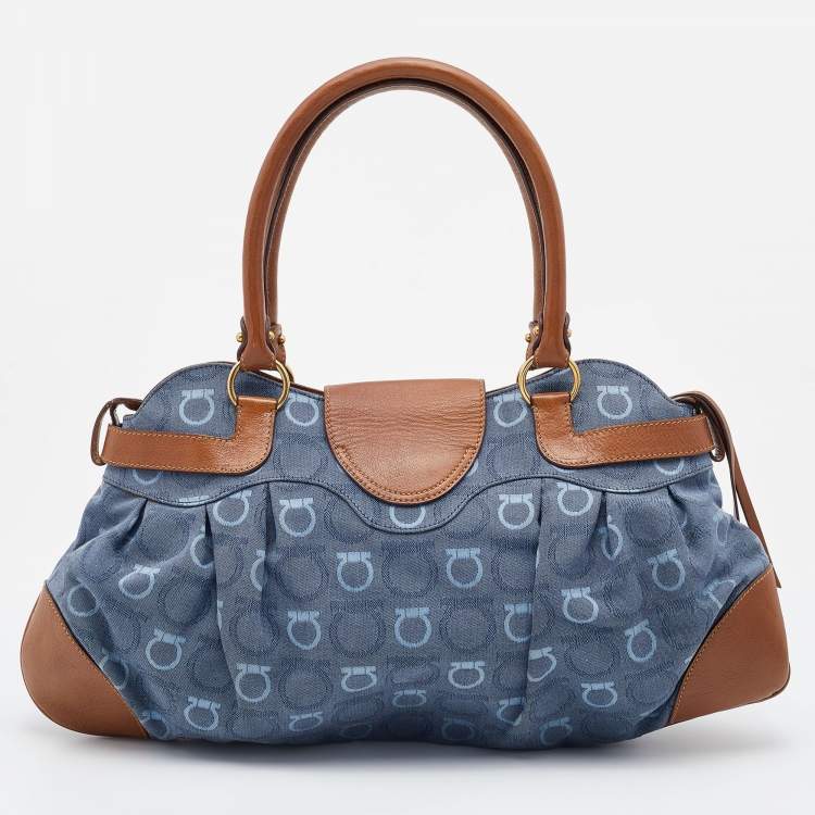 Pre Owned Salvatore Ferragamo Blue/Tan Signature Canvas and Leather Marisa Satchel