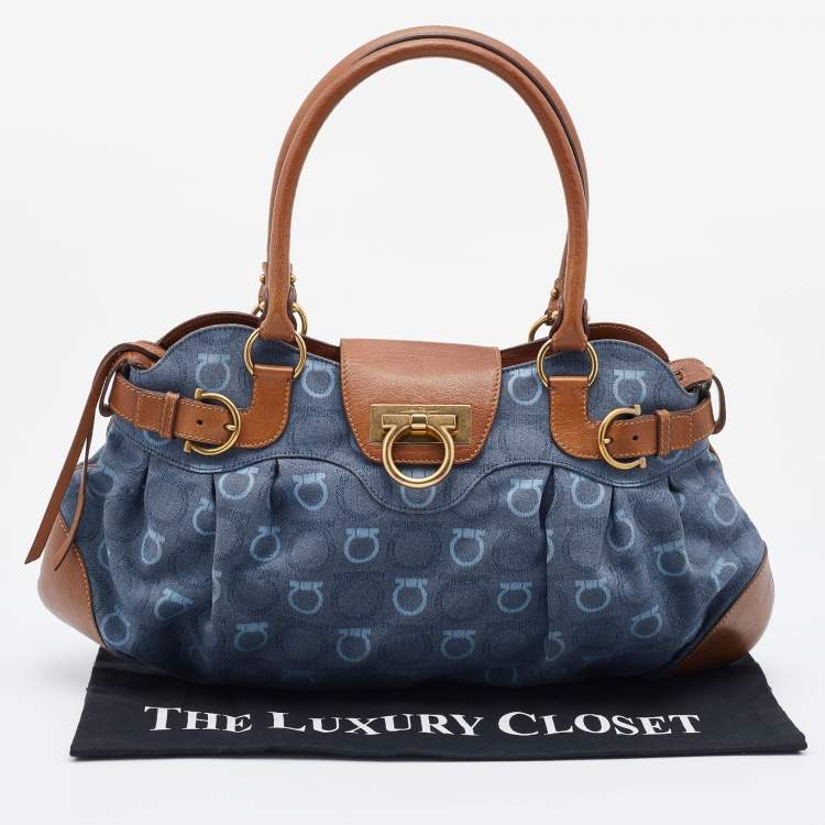 Pre Owned Salvatore Ferragamo Blue/Tan Signature Canvas and Leather Marisa Satchel