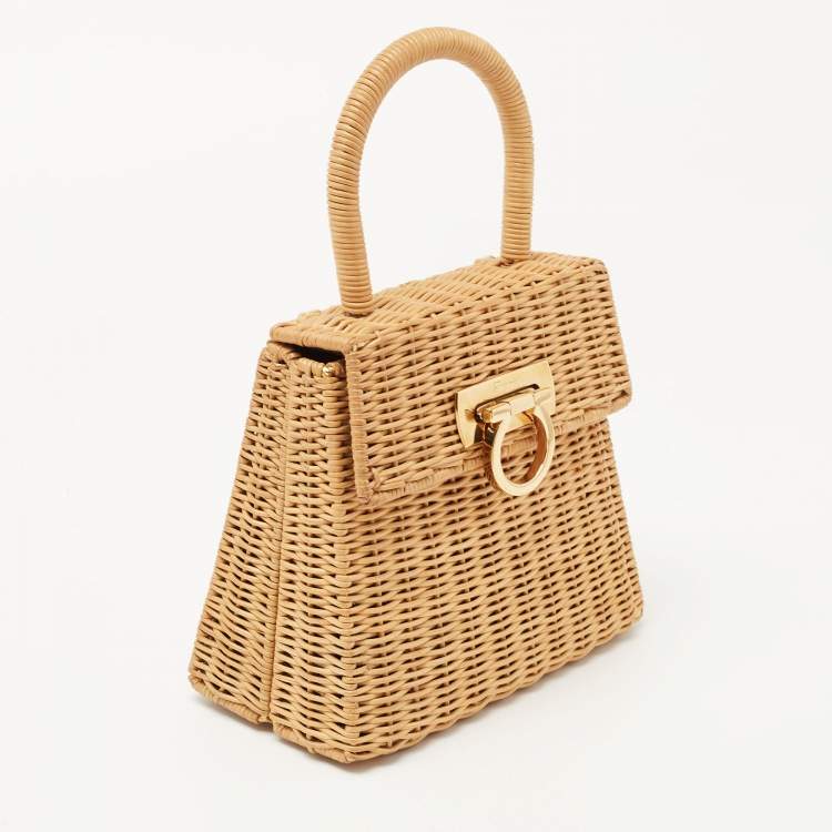 Pre Owned Salvatore Ferragamo Beige Raffia Limited Edition 31/100 Gancini Wicker Top Handle Bag