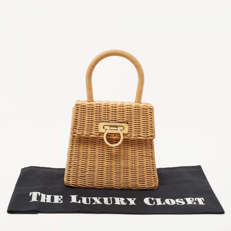 Pre Owned Salvatore Ferragamo Beige Raffia Limited Edition 31/100 Gancini Wicker Top Handle Bag