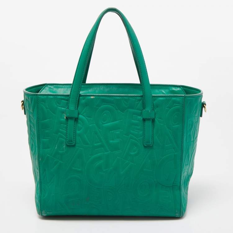 Pre Owned Salvatore Ferragamo Green Logo Embossed Leather Bonnie Tote