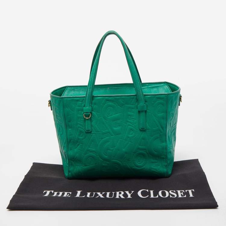 Pre Owned Salvatore Ferragamo Green Logo Embossed Leather Bonnie Tote