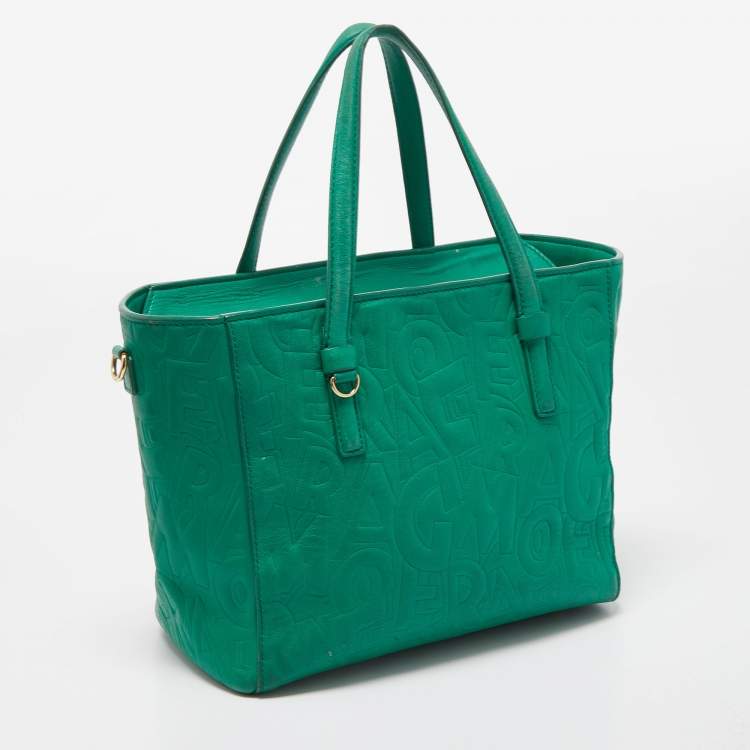 Pre Owned Salvatore Ferragamo Green Logo Embossed Leather Bonnie Tote