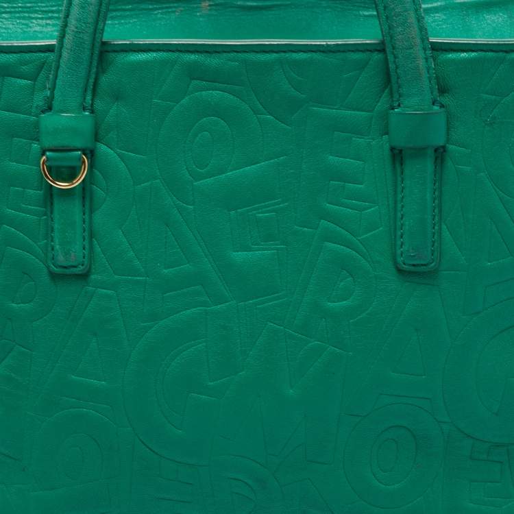 Pre Owned Salvatore Ferragamo Green Logo Embossed Leather Bonnie Tote