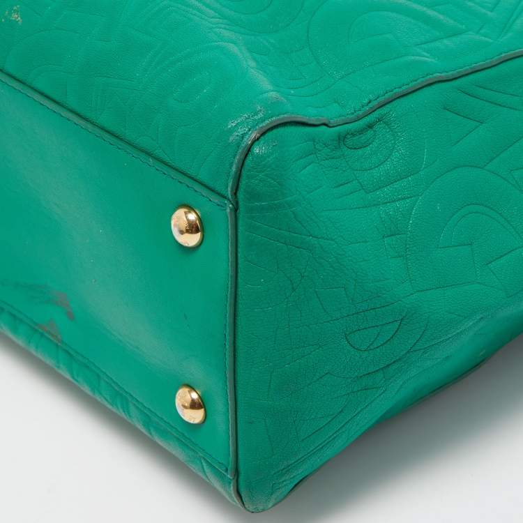 Pre Owned Salvatore Ferragamo Green Logo Embossed Leather Bonnie Tote