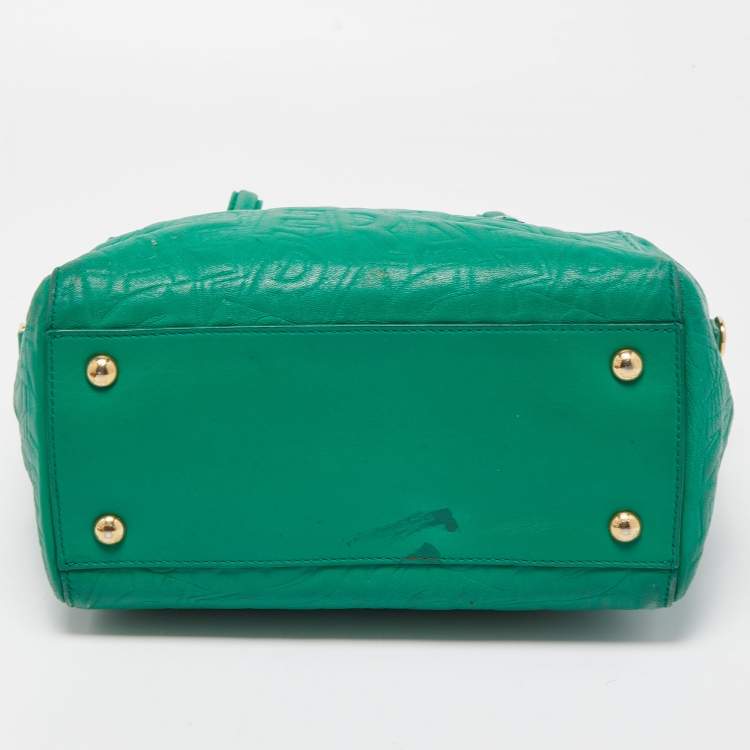 Pre Owned Salvatore Ferragamo Green Logo Embossed Leather Bonnie Tote