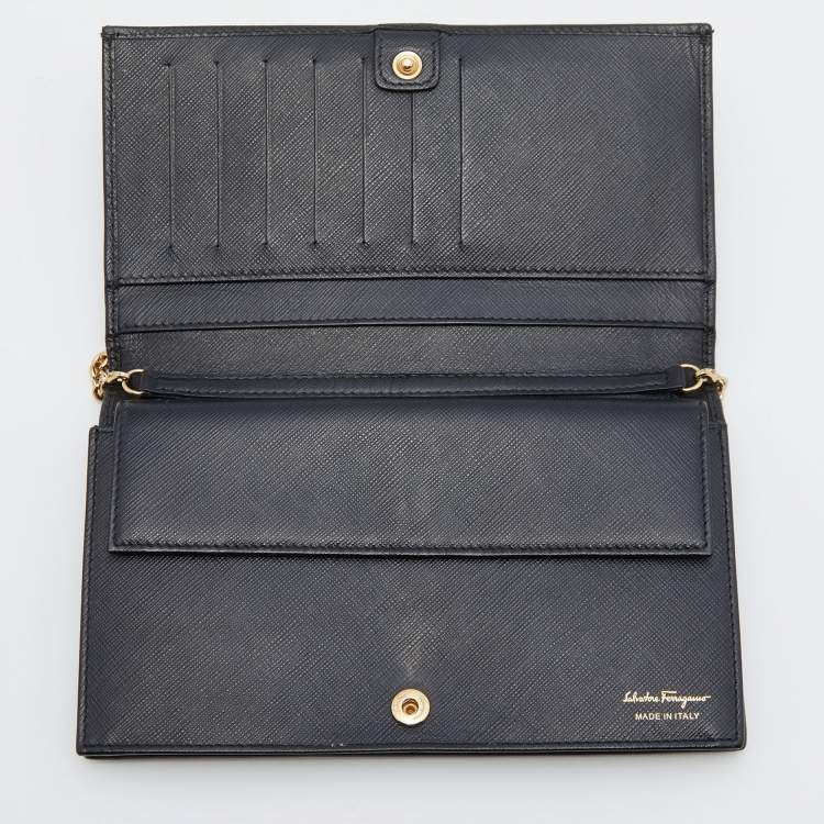 Pre Owned Salvatore Ferragamo Black Leather Vara Bow Wallet on Chain