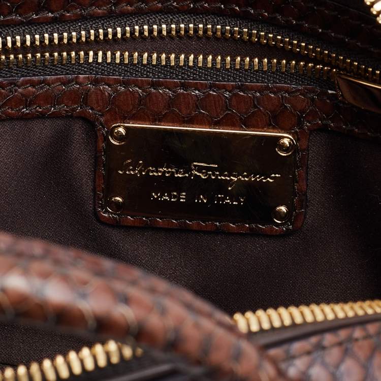 Pre Owned Salvatore Ferragamo Brown/Beige Python and Fox Fur Fiamma Satchel