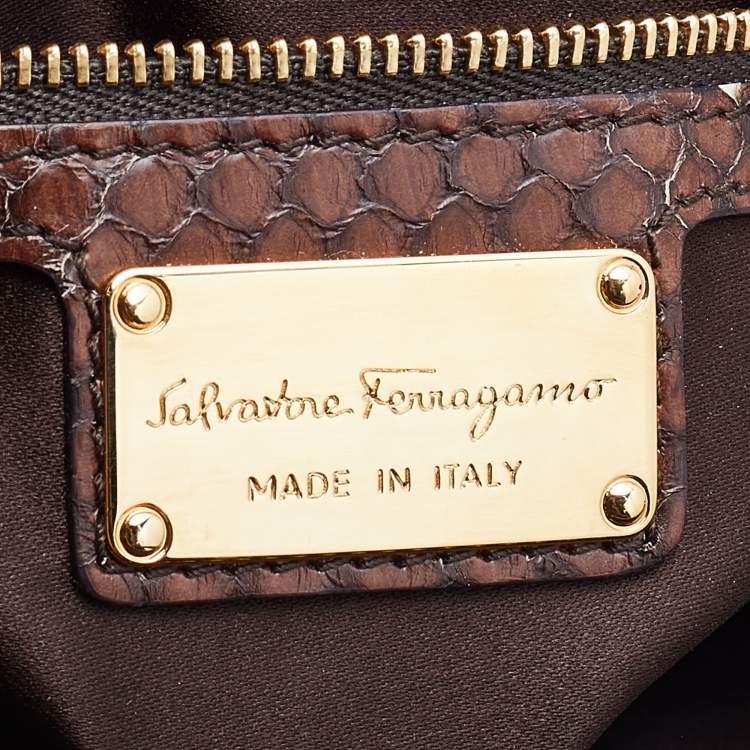 Pre Owned Salvatore Ferragamo Brown/Beige Python and Fox Fur Fiamma Satchel