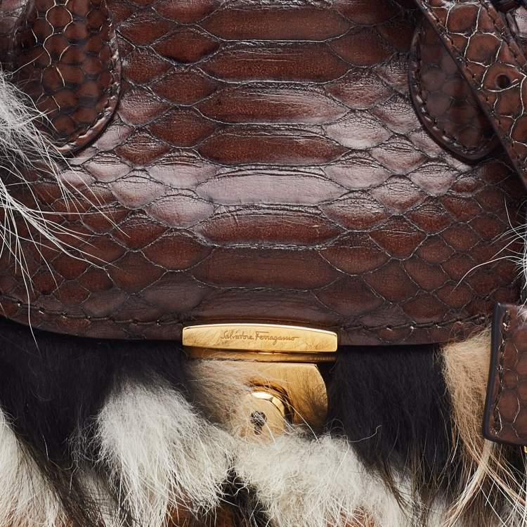 Pre Owned Salvatore Ferragamo Brown/Beige Python and Fox Fur Fiamma Satchel