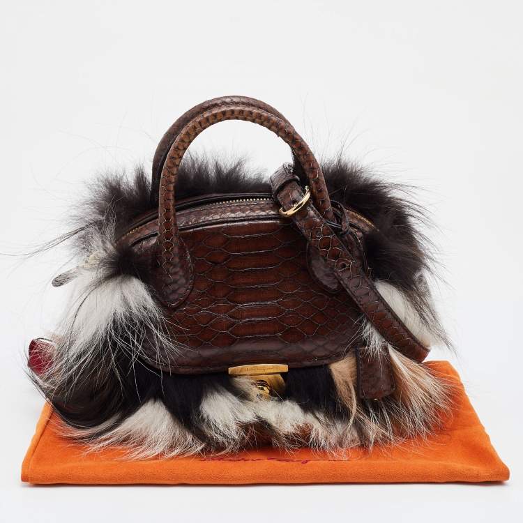 Pre Owned Salvatore Ferragamo Brown/Beige Python and Fox Fur Fiamma Satchel