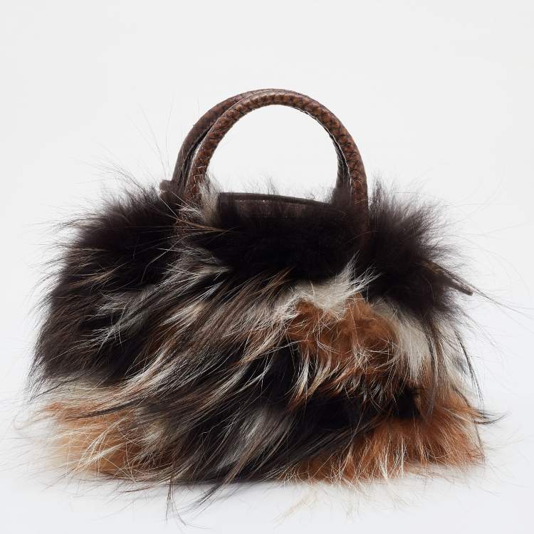 Pre Owned Salvatore Ferragamo Brown/Beige Python and Fox Fur Fiamma Satchel