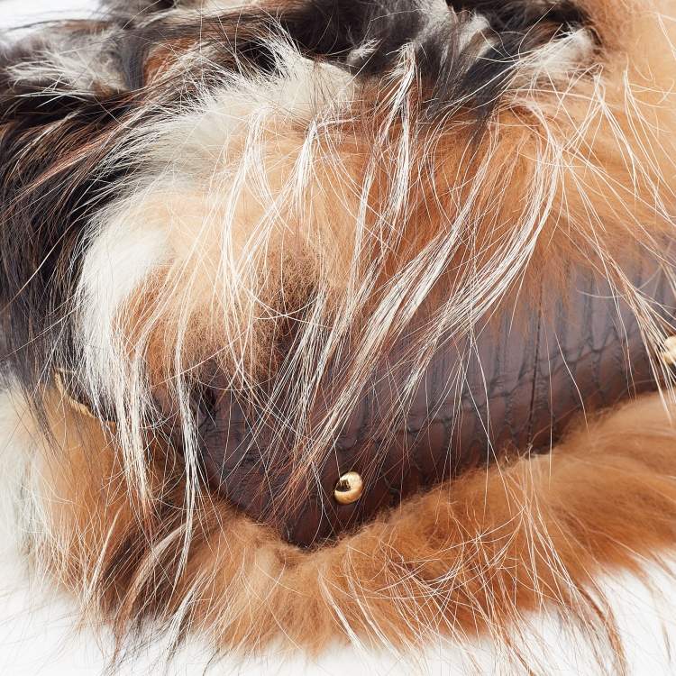 Pre Owned Salvatore Ferragamo Brown/Beige Python and Fox Fur Fiamma Satchel