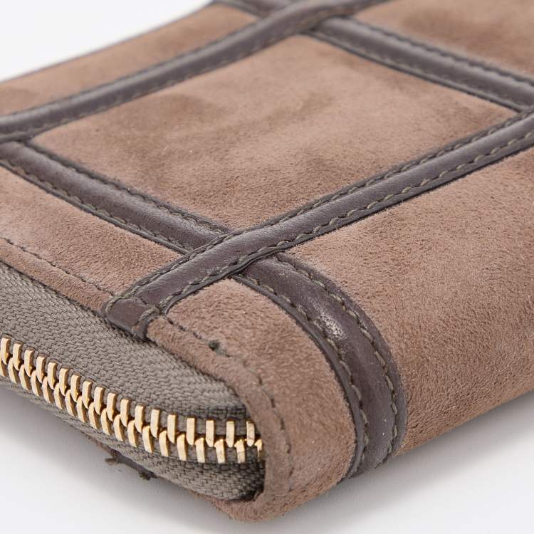 Pre Owned Salvatore Ferragamo Brown Alcantara and Leather Zip Around Compact Wallet