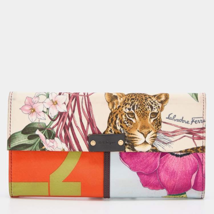 Salvatore Ferragamo Multicolor Jungle Print Fabric Flap Continental Wallet