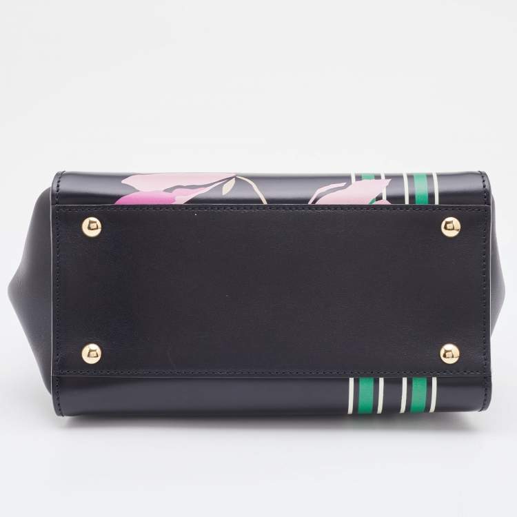 Pre Owned Salvatore Ferragamo Black Floral Print Leather Small Sofia Top Handle Bag