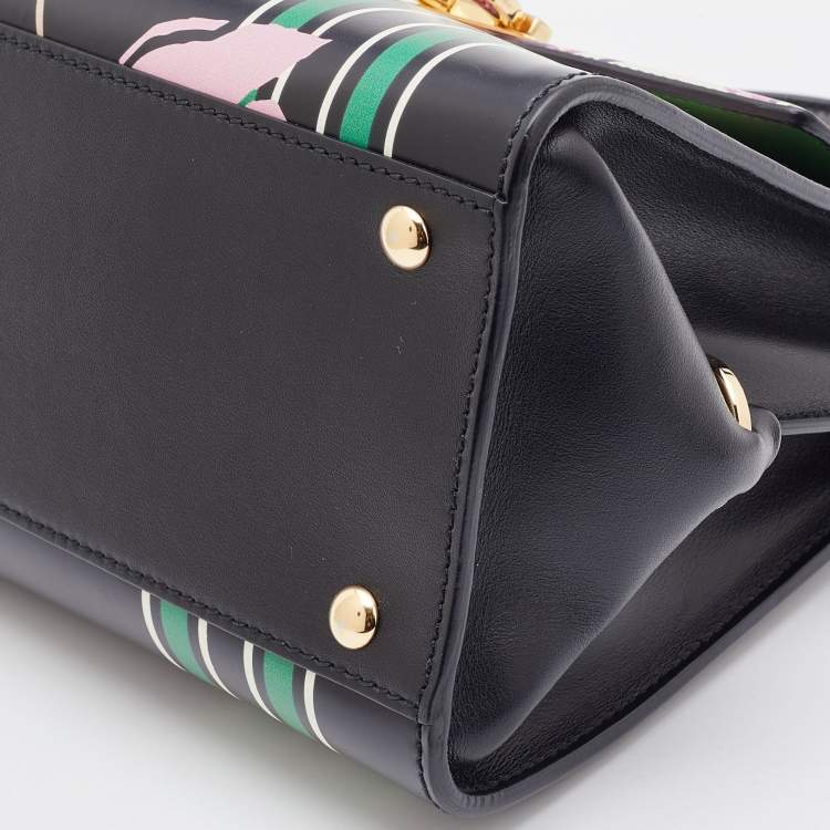 Pre Owned Salvatore Ferragamo Black Floral Print Leather Small Sofia Top Handle Bag