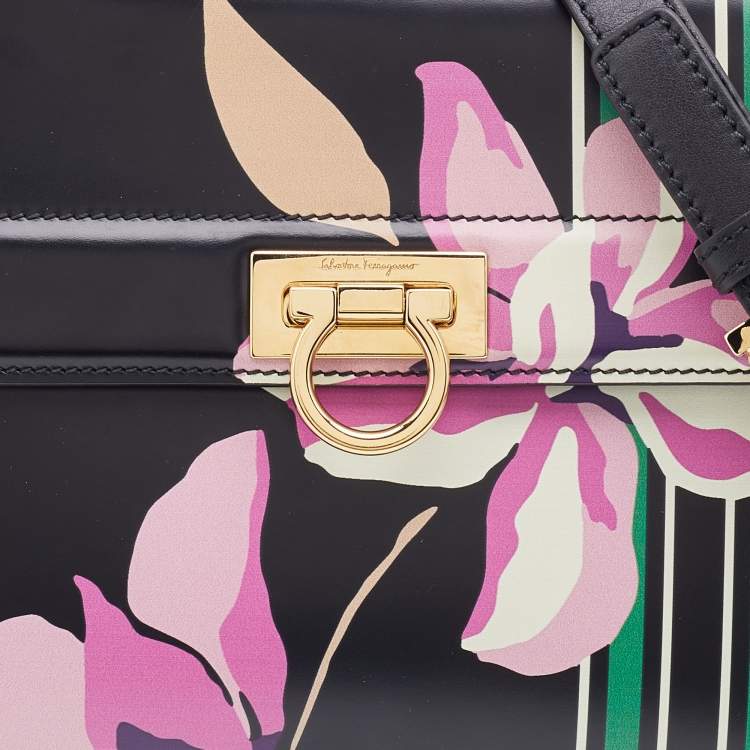 Pre Owned Salvatore Ferragamo Black Floral Print Leather Small Sofia Top Handle Bag