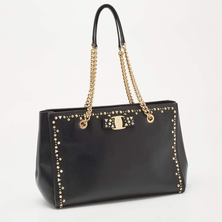 Pre Owned Salvatore Ferragamo Black Leather Medium Studded Melike Tote