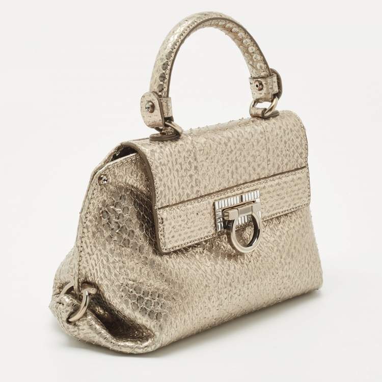 Pre Owned Salvatore Ferragamo Metallic Snakeskin Leather Mini Sofia Top Handle Bag
