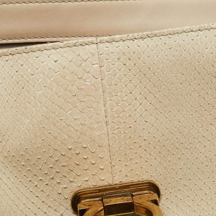 مملوكة مسبقًا Salvatore Ferragamo Cream/Beige Watersnake and Leather Studded Sofia Top Handle Bag